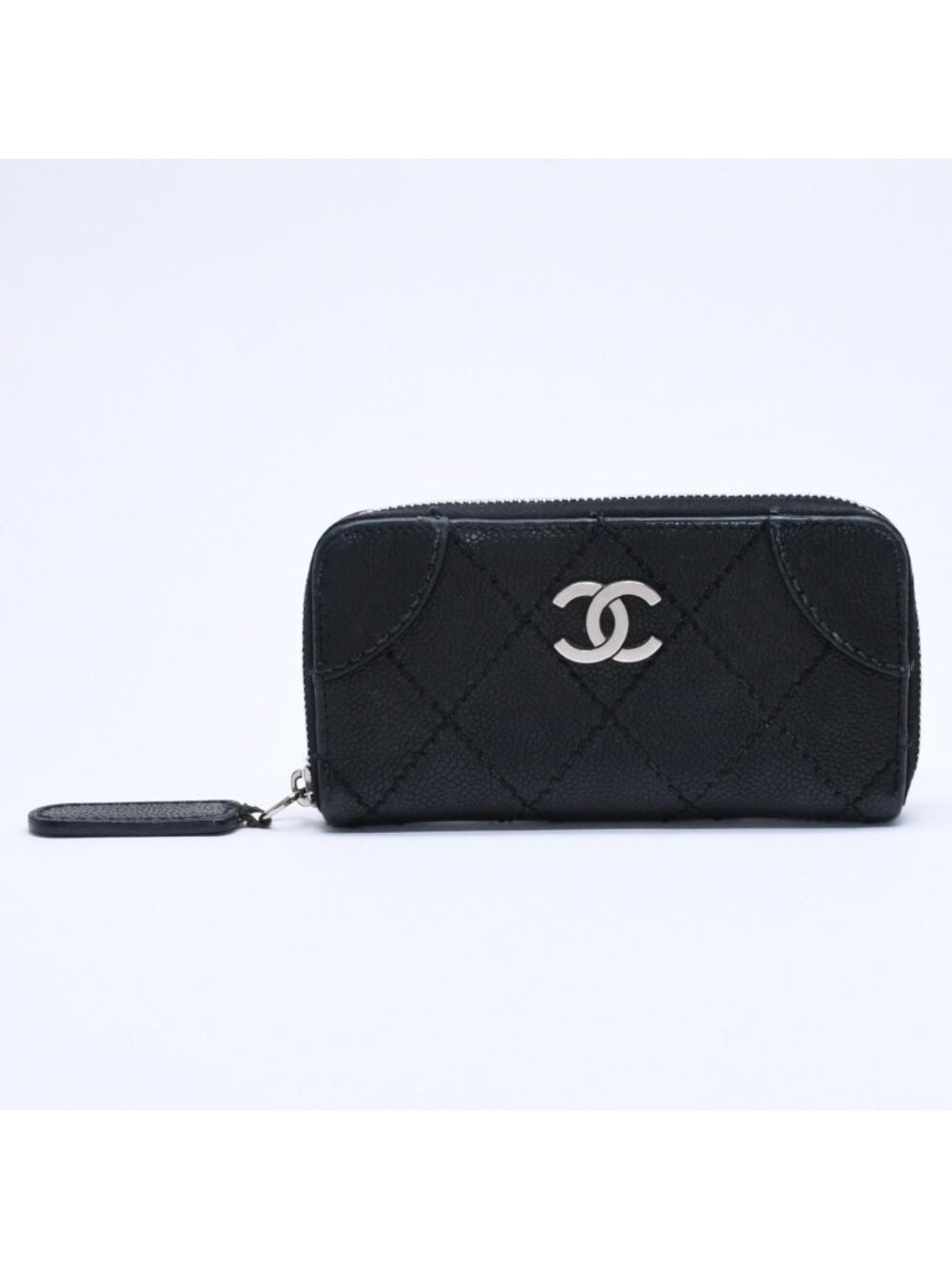 Chanel Leather Wallet Card Case CC Logo Wild Stitch Caviar Black Silver